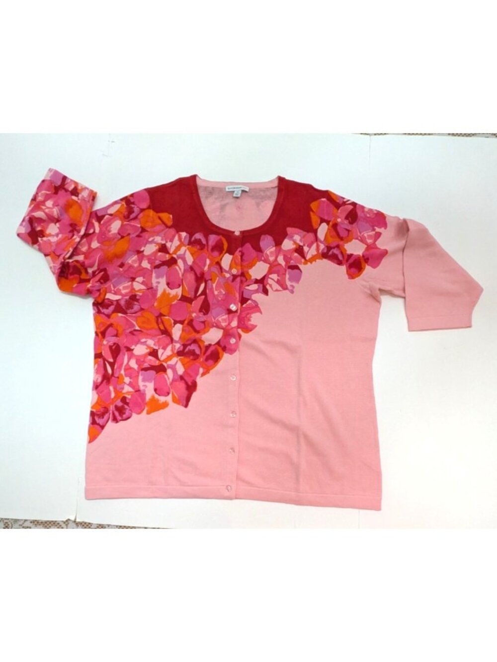 Issac Mizrahi Womens Size 2X Cardigan Lightweight Sweater Pink Orange Floral
